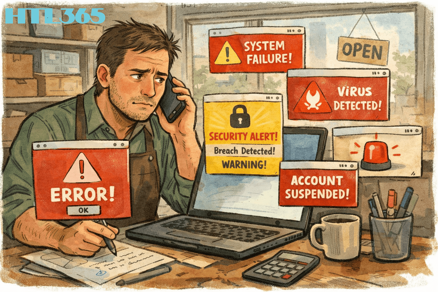 Business owner on the phone looking uncertain as security alerts appear on a computer screen, illustrating informal IT support risks.
