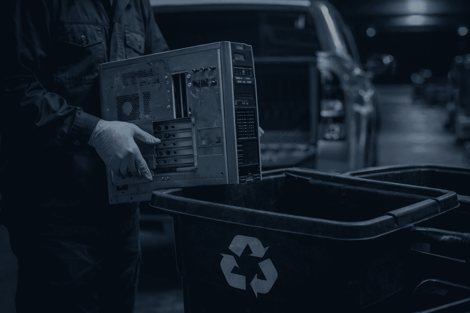 Technician placing retired computer equipment into a secure recycling container