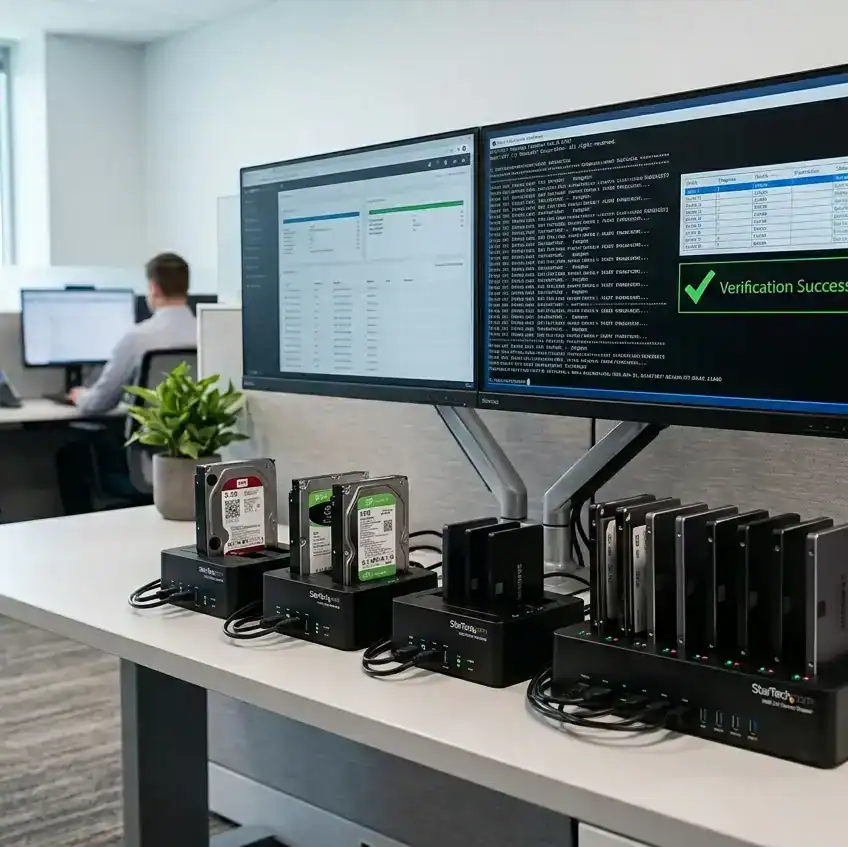 NIST 800-88 compliant hard drive data wiping station executing secure erasure verification in Houston.